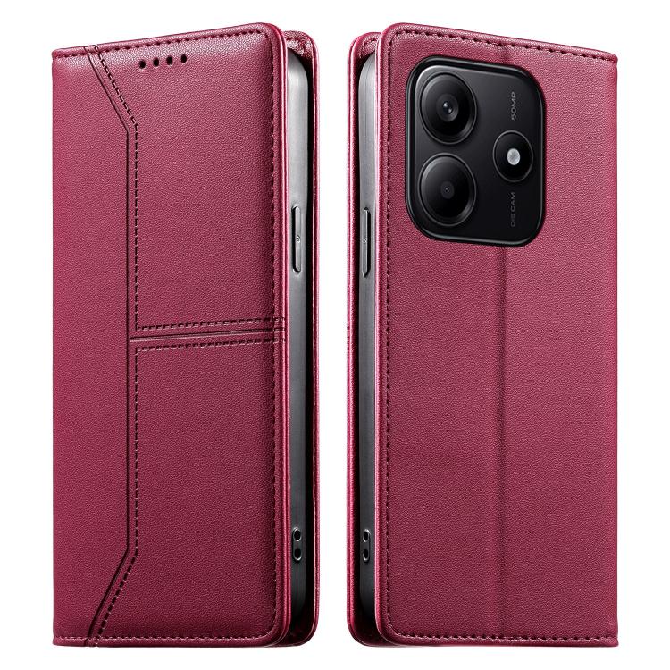 

For Redmi Note 14 5G Stitched Line Magnetic RFID Vegan Leather Phone Case(Wine Red)