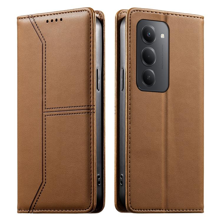 

For Redmi 15 5G Global / 15 4G SEA 169.5mm Stitched Line Magnetic RFID Vegan Leather Phone Case(Brown)