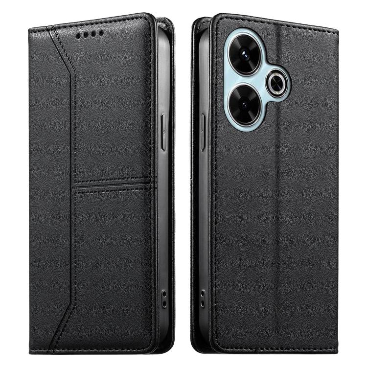 

For Redmi 13 4G / 5G / Note 13R Stitched Line Magnetic RFID Vegan Leather Phone Case(Black)