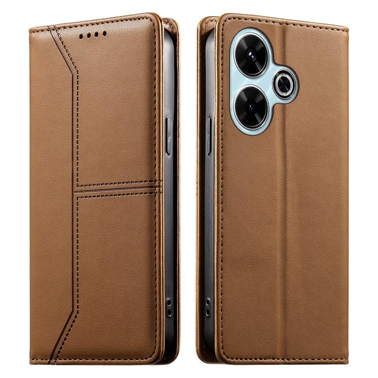 

For Redmi 13 4G / 5G / Note 13R Stitched Line Magnetic RFID Vegan Leather Phone Case(Brown)