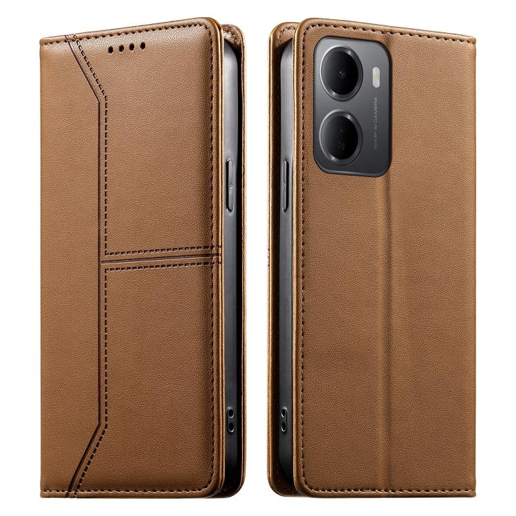 

For Redmi 15a 5G Stitched Line Magnetic RFID Vegan Leather Phone Case(Brown)