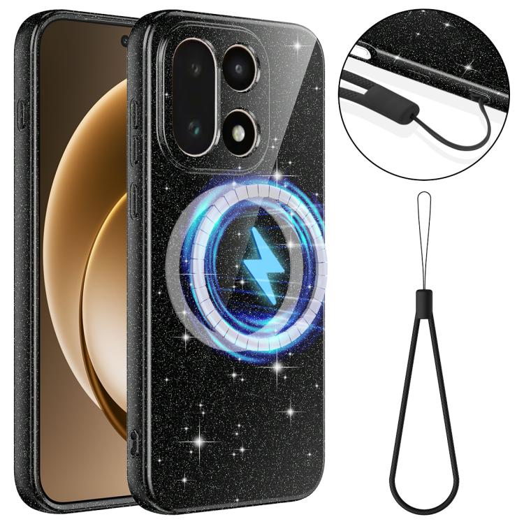 For OnePlus 15 Fine Hole Glossy Glitter Magnetic TPU Phone Case with Same Color Hand Strap(Black)