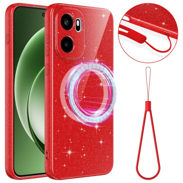 For OnePlus Ace 6 / Ace 6T 5G Fine Hole Glossy Glitter Magnetic TPU Phone Case with Same Color Hand Strap(Red)
