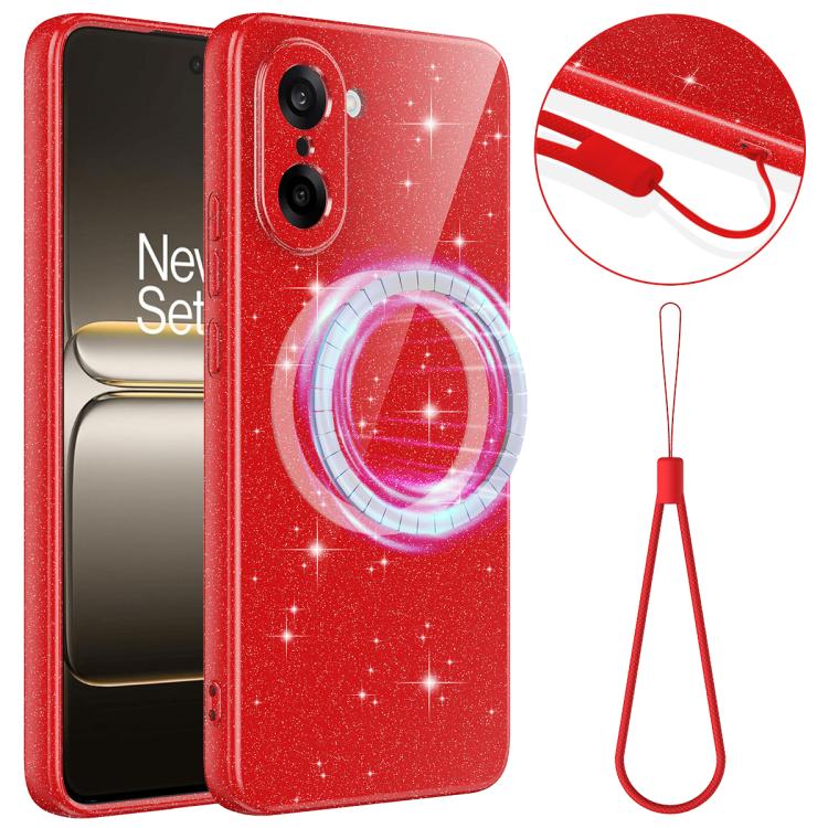 For OnePlus Nord CE5 / Ace 5 Racing 5G Fine Hole Glossy Glitter Magnetic TPU Phone Case with Same Color Hand Strap(Red)