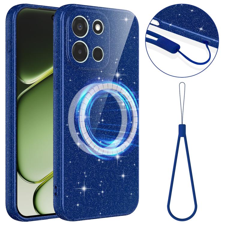 For OnePlus Nord 6 / Turbo 6 5G Fine Hole Glossy Glitter Magnetic TPU Phone Case with Same Color Hand Strap(Blue)