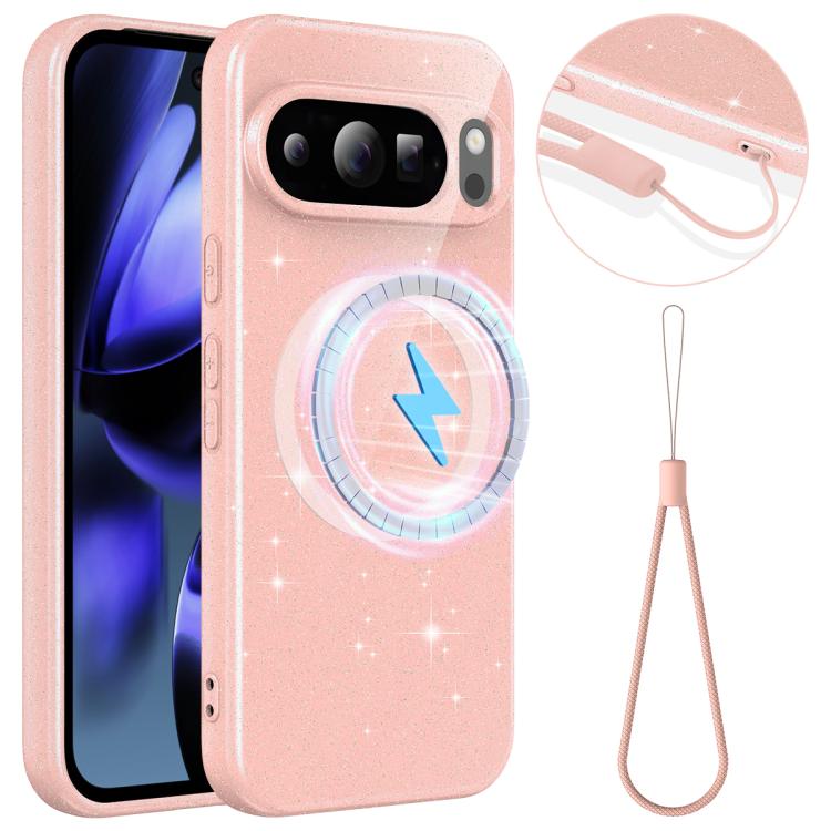 

For Google Pixel 10 Pro XL Fine Hole Glossy Glitter Magnetic TPU Phone Case with Same Color Hand Strap(Pink)