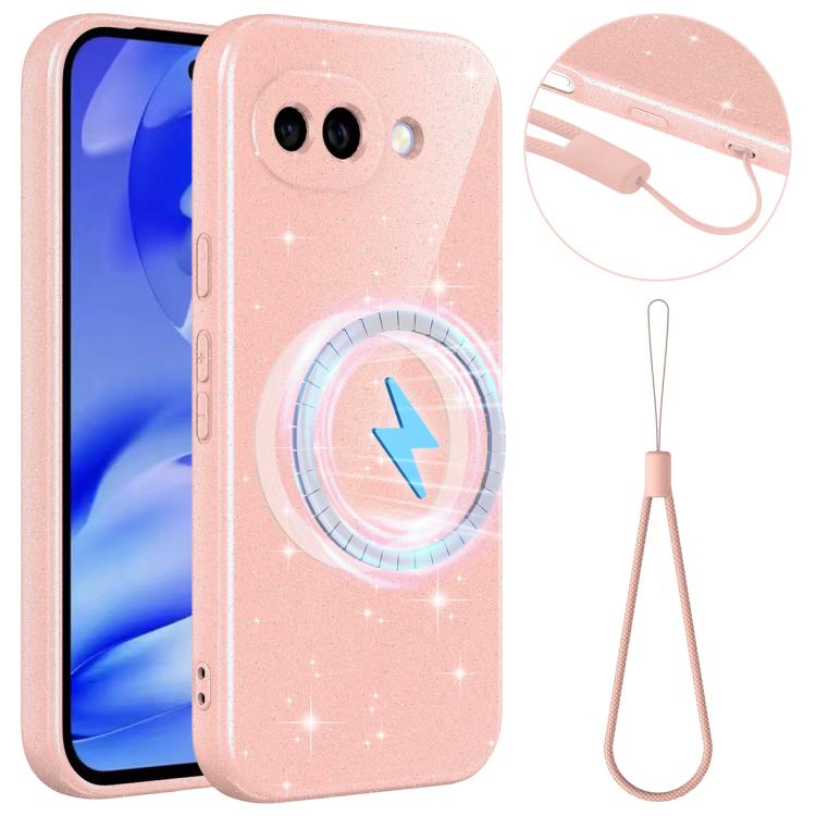 

For Google Pixel 10a Fine Hole Glossy Glitter Magnetic TPU Phone Case with Same Color Hand Strap(Pink)