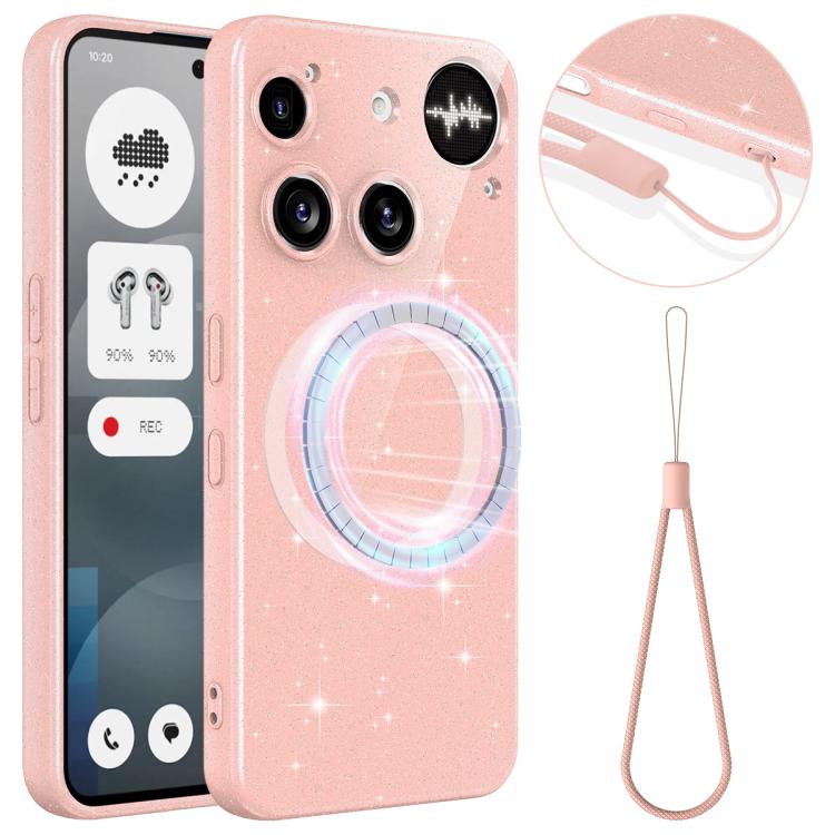 For Nothing Phone 3 Fine Hole Glossy Glitter Magnetic TPU Phone Case with Same Color Hand Strap(Pink)