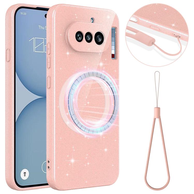 

For Nothing Phone 4a Fine Hole Glossy Glitter Magnetic TPU Phone Case with Same Color Hand Strap(Pink)