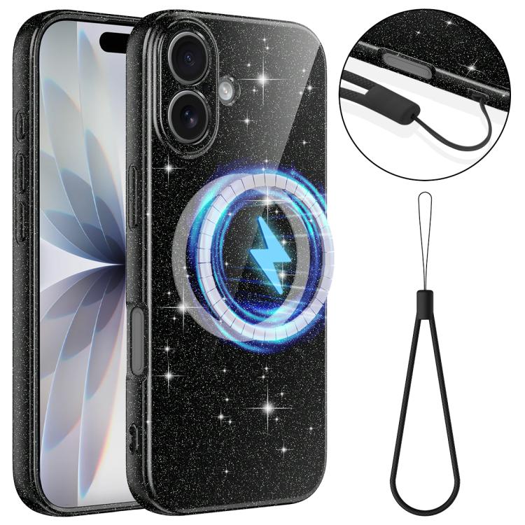 

For iPhone 16 Plus Fine Hole Glossy Glitter Magnetic TPU Phone Case with Same Color Hand Strap(Black)