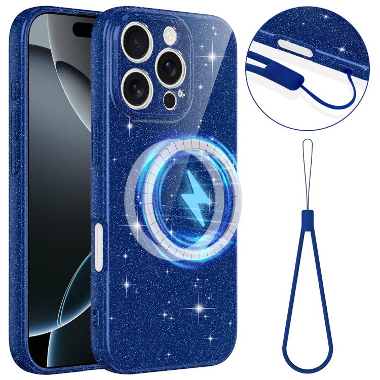 

For iPhone 16 Pro Max Fine Hole Glossy Glitter Magnetic TPU Phone Case with Same Color Hand Strap(Blue)
