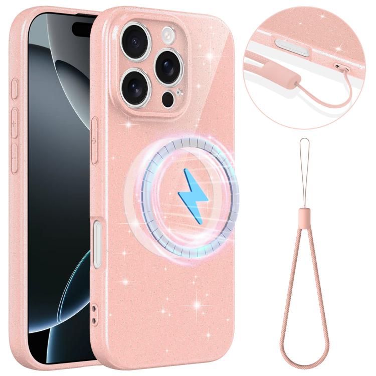 

For iPhone 16 Pro Fine Hole Glossy Glitter Magnetic TPU Phone Case with Same Color Hand Strap(Pink)