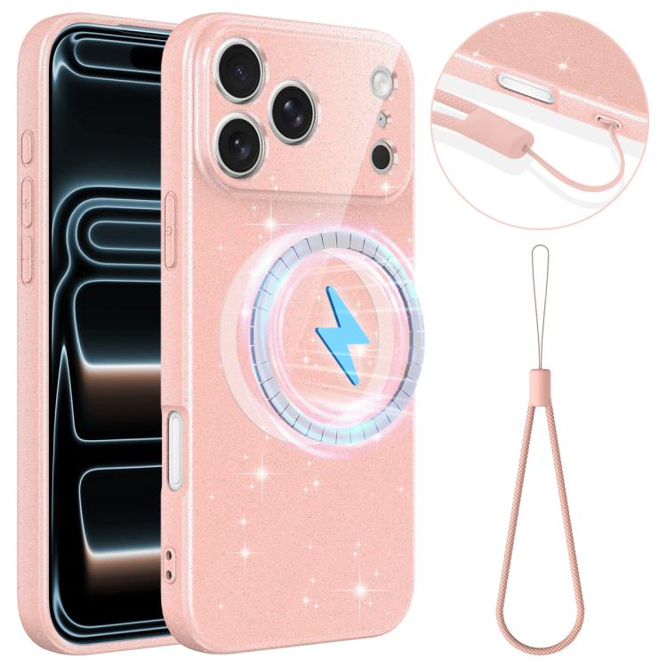 For iPhone 17 Pro Max Fine Hole Glossy Glitter Magnetic TPU Phone Case with Same Color Hand Strap(Pink)