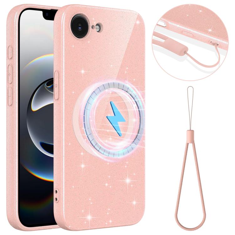 

For iPhone 17e / 16e Fine Hole Glossy Glitter Magnetic TPU Phone Case with Same Color Hand Strap(Pink)