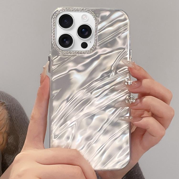 For iPhone 16 Pro Max Rhinestone Lens Frame Wrinkled Design Phone Case(Transparent)