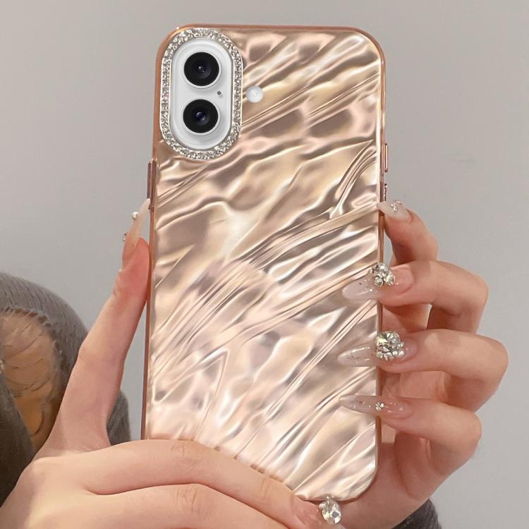 For iPhone 16 Rhinestone Lens Frame Wrinkled Design Phone Case(Transparent Pink)