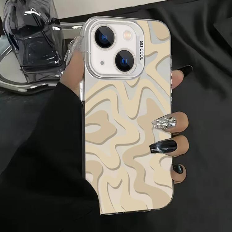 For iPhone 15 Plus Wavy Stripes Pattern Frosted IMD 2-in-1 PC Phone Case(Khaki)
