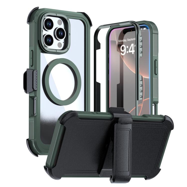For iPhone 16 Pro Acrylic Full Coverage Magnetic Phone Case with Back Clip(Dark Green)