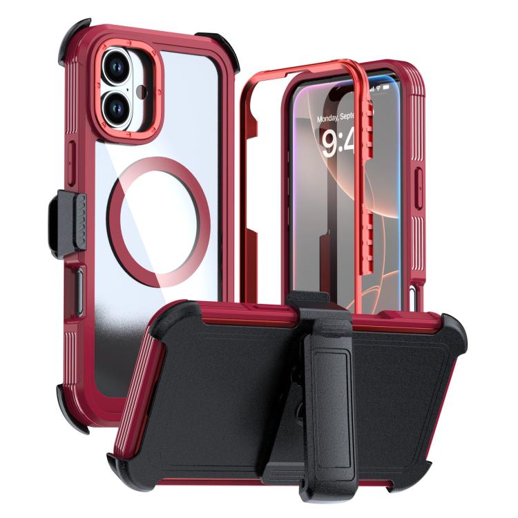 

For iPhone 16 Plus Acrylic Full Coverage Magnetic Phone Case with Back Clip(Red)
