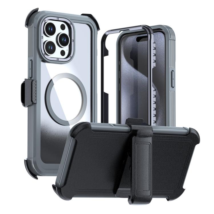 For iPhone 15 Pro Max Acrylic Full Coverage Magnetic Phone Case with Back Clip(Grey)