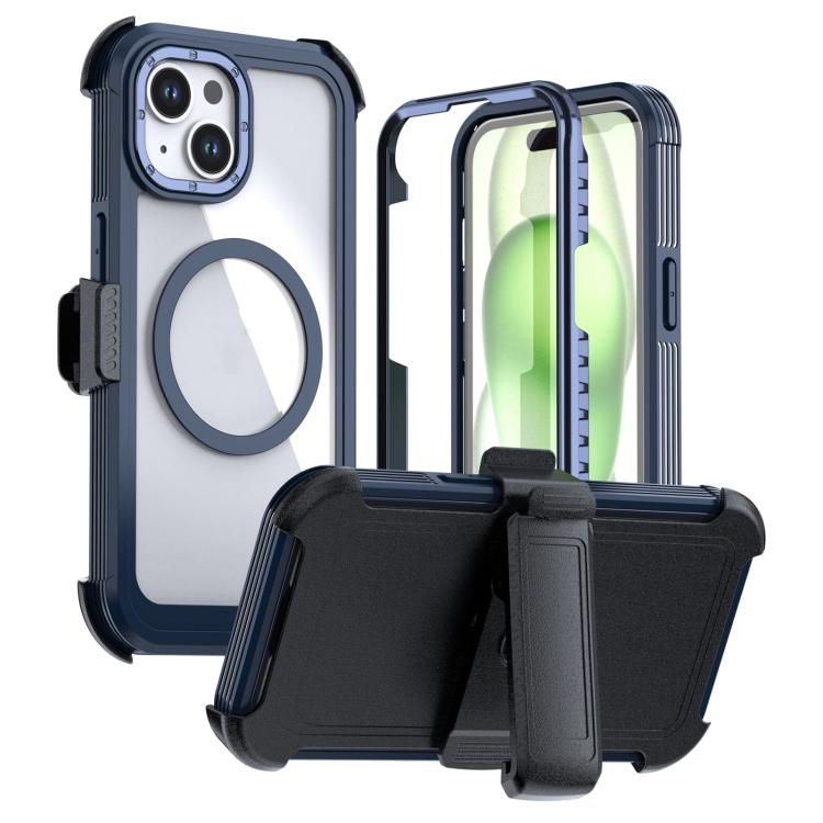 For iPhone 15 Acrylic Full Coverage Magnetic Phone Case with Back Clip(Blue)