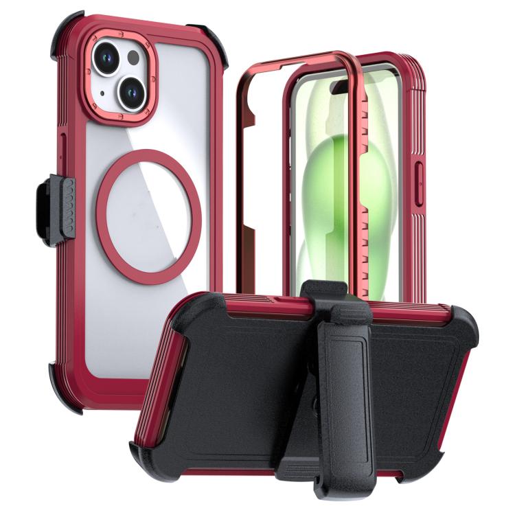 For iPhone 15 Plus / 14 Plus Acrylic Full Coverage Magnetic Phone Case with Back Clip(Red)