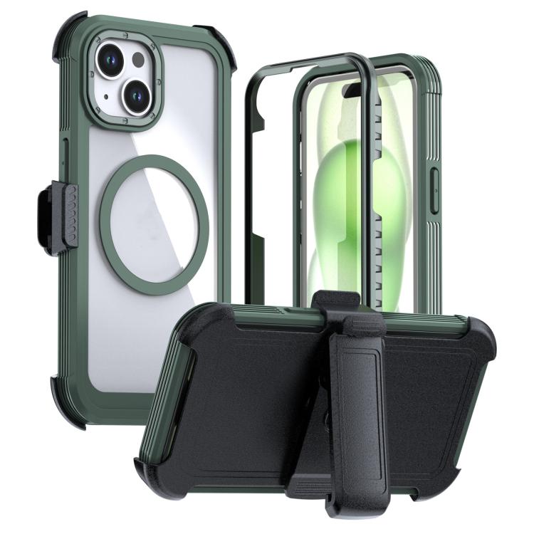 

For iPhone 14 / 13 Acrylic Full Coverage Magnetic Phone Case with Back Clip(Dark Green)