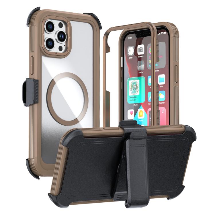 For iPhone 12 Pro Max Acrylic Full Coverage Magnetic Phone Case with Back Clip(Desert Gold)