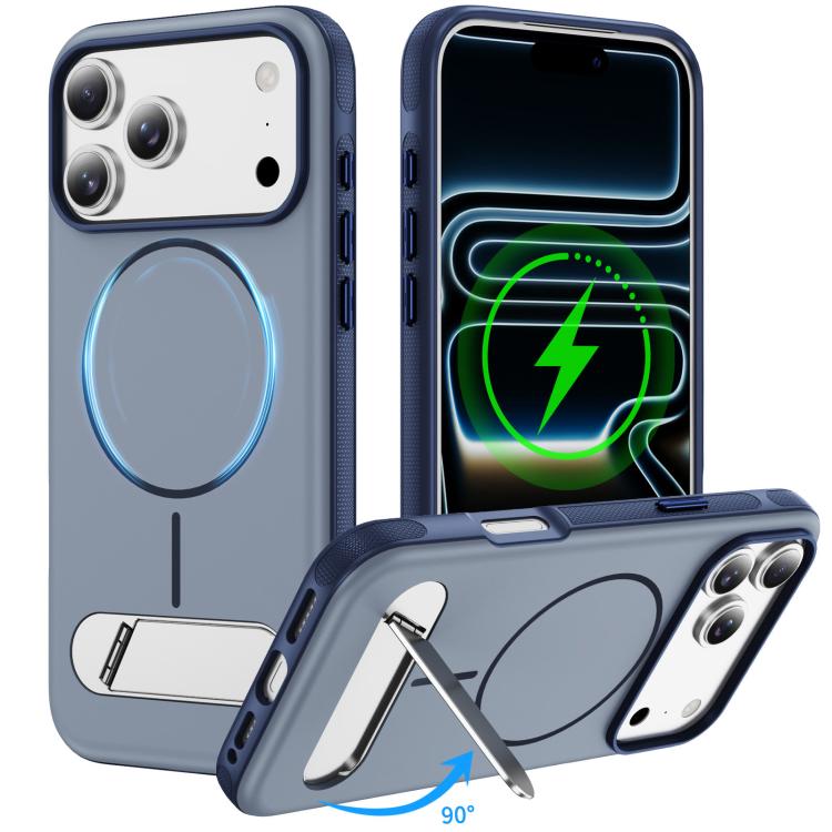 

For iPhone 17 Pro Two-colors Imitation Original Magnetic Phone Case with Holder(Blue)