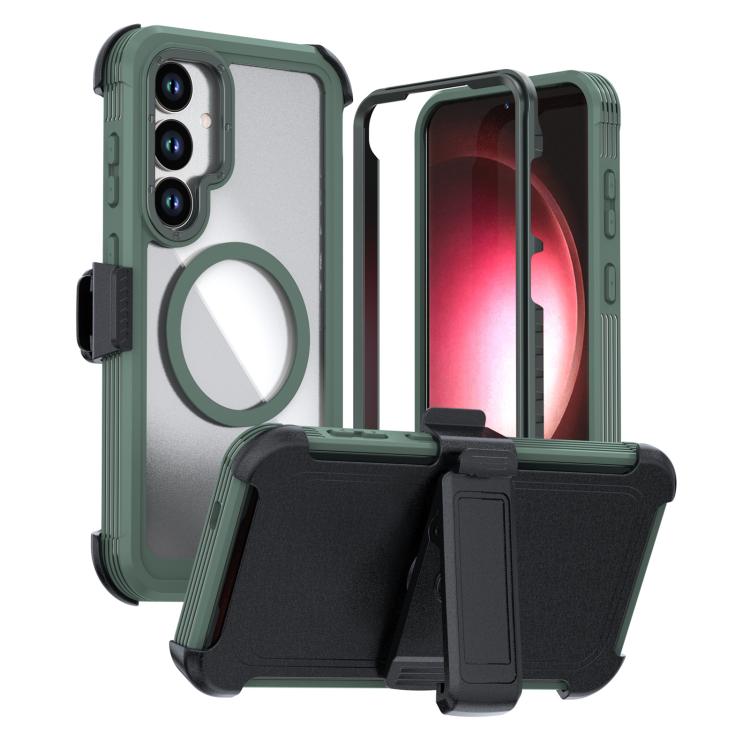 For Samsung Galaxy S25+ 5G / S24+ 5G Acrylic Full Coverage Magnetic Phone Case with Back Clip(Dark Green)