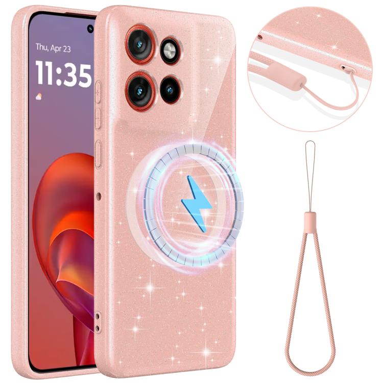 

For Motorola Edge 60 Neo / 50 Neo 5G Fine Hole Glossy Glitter Magnetic TPU Phone Case with Same Color Hand Strap(Pink)