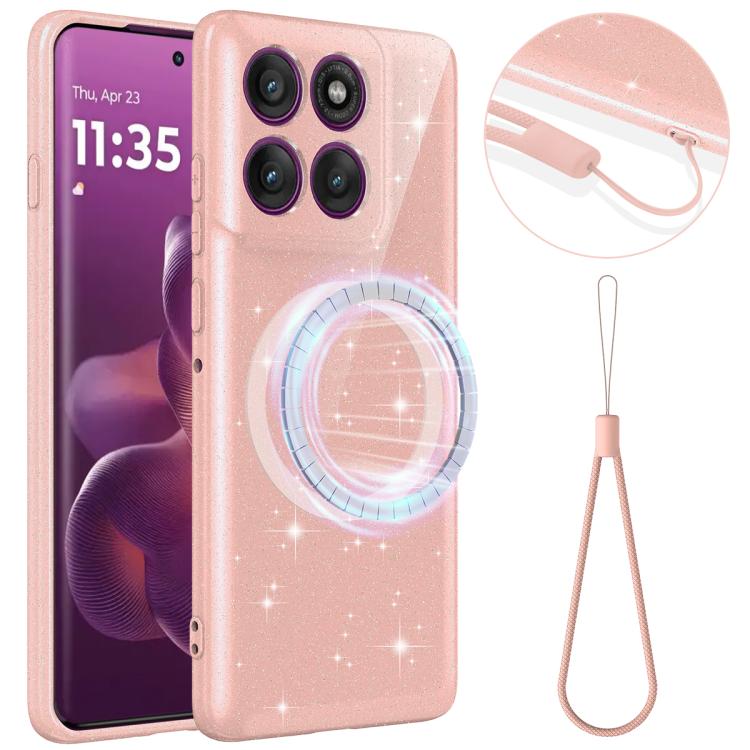 

For Motorola Edge 70 Fusion / 70 Fusion+ 5G Fine Hole Glossy Glitter Magnetic TPU Phone Case with Same Color Hand Strap(Pink)
