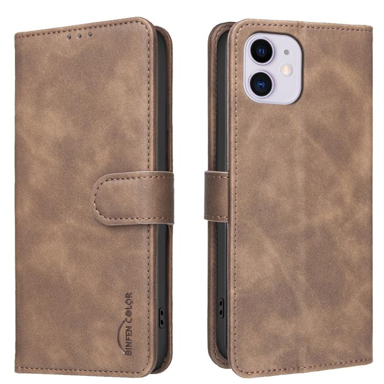 For iPhone 12 Solid Color Calfskin Texture RFID Vegan Leather Phone Case(Brown)