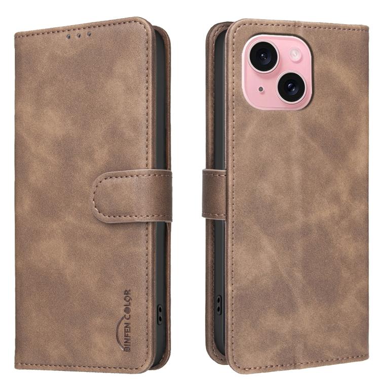 

For iPhone 13 / 14 Solid Color Calfskin Texture RFID Vegan Leather Phone Case(Brown)