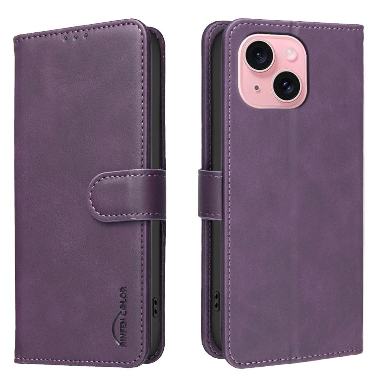 For iPhone 14 Plus / 15 Plus Solid Color Calfskin Texture RFID Vegan Leather Phone Case(Purple)