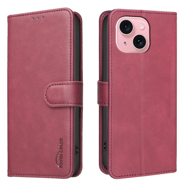 

For iPhone 14 Plus / 15 Plus Solid Color Calfskin Texture RFID Vegan Leather Phone Case(Red)