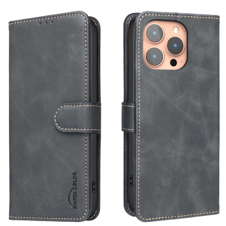 For iPhone 14 Pro Max Solid Color Calfskin Texture RFID Vegan Leather Phone Case(Black)