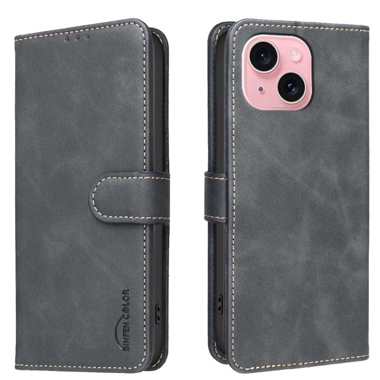 

For iPhone 15 Solid Color Calfskin Texture RFID Vegan Leather Phone Case(Black)