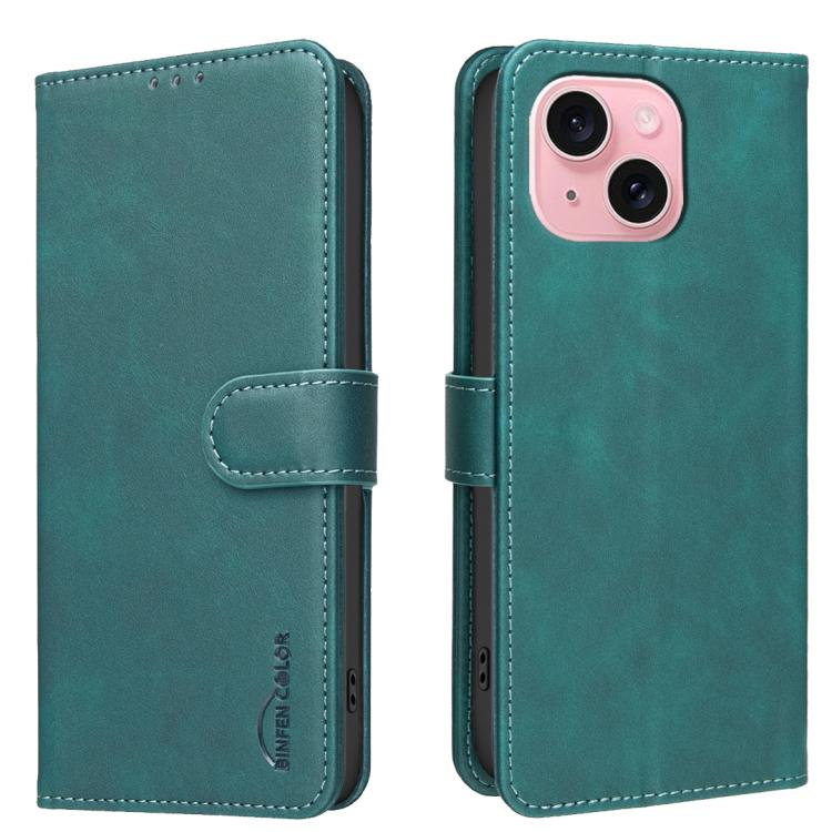 

For iPhone 15 Solid Color Calfskin Texture RFID Vegan Leather Phone Case(Green)