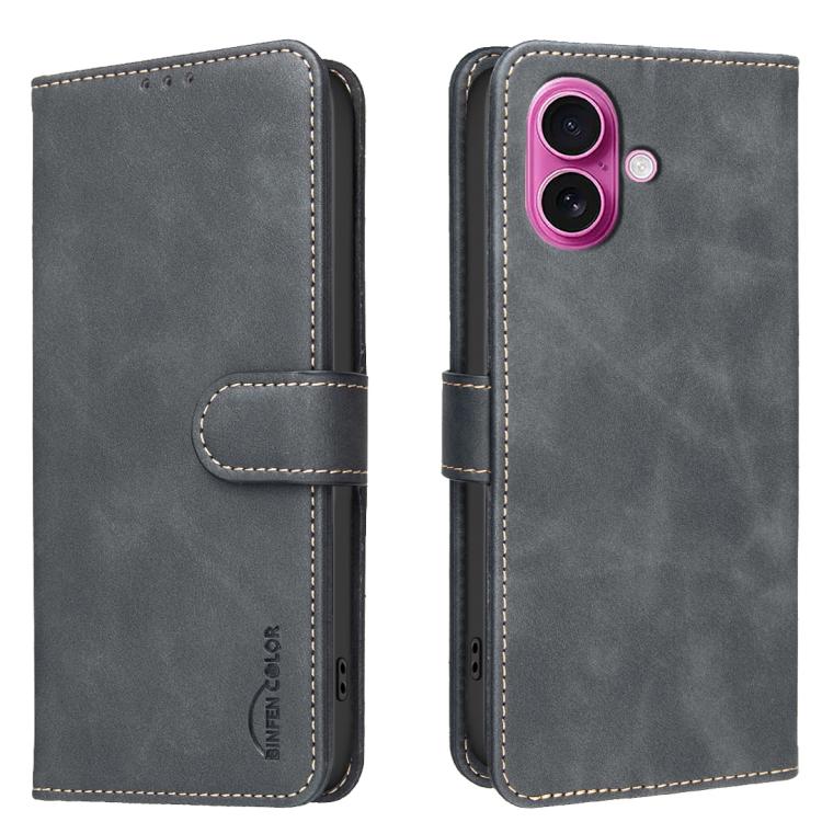 For iPhone 16 Plus Solid Color Calfskin Texture RFID Vegan Leather Phone Case(Black)
