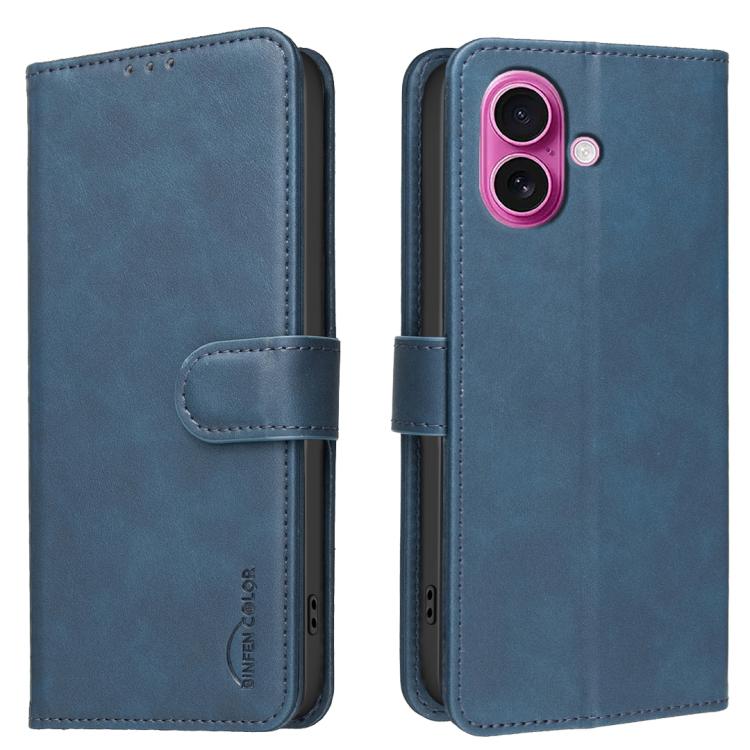 

For iPhone 16 Plus Solid Color Calfskin Texture RFID Vegan Leather Phone Case(Blue)