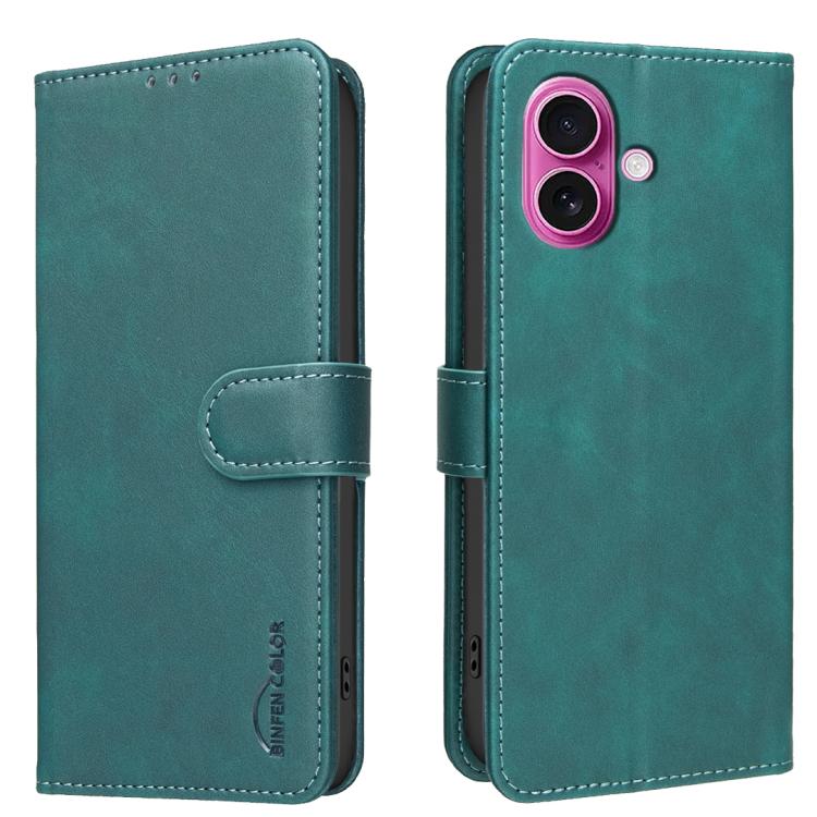

For iPhone 16 Plus Solid Color Calfskin Texture RFID Vegan Leather Phone Case(Green)