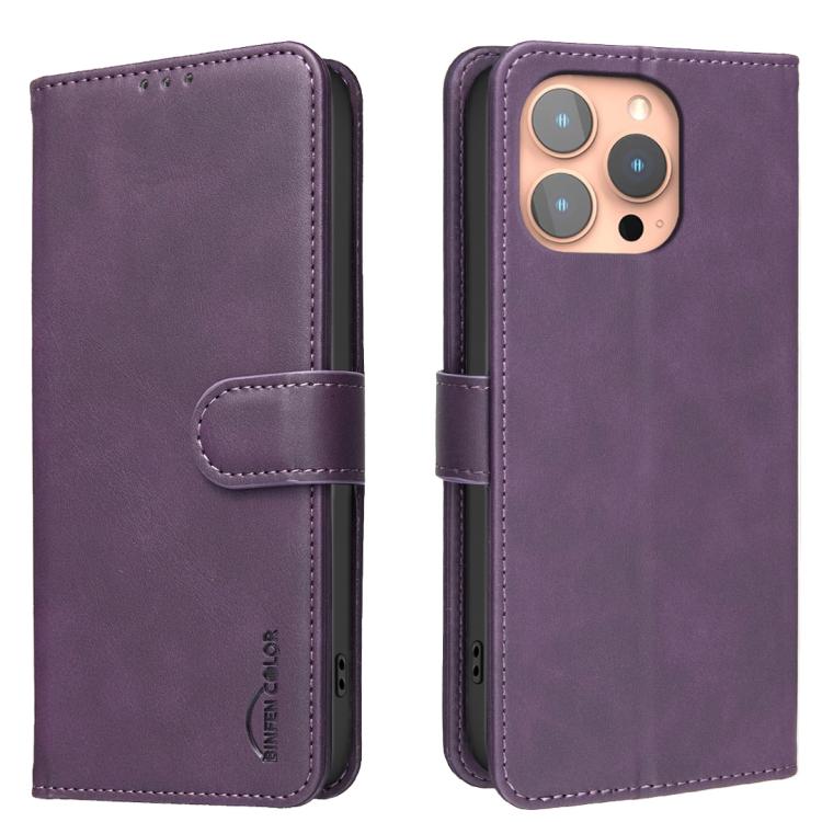 

For iPhone 16 Pro Max Solid Color Calfskin Texture RFID Vegan Leather Phone Case(Purple)