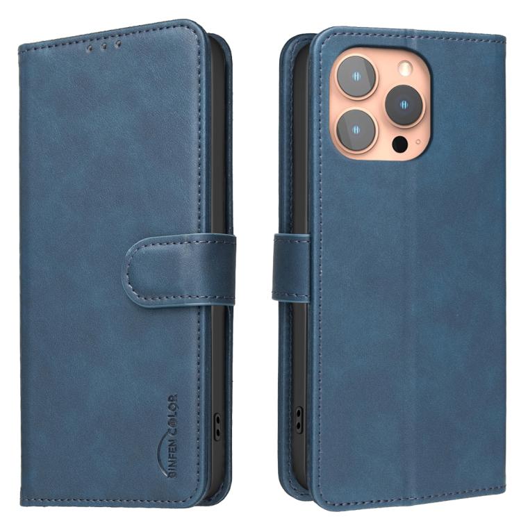 For iPhone 16 Pro Solid Color Calfskin Texture RFID Vegan Leather Phone Case(Blue)