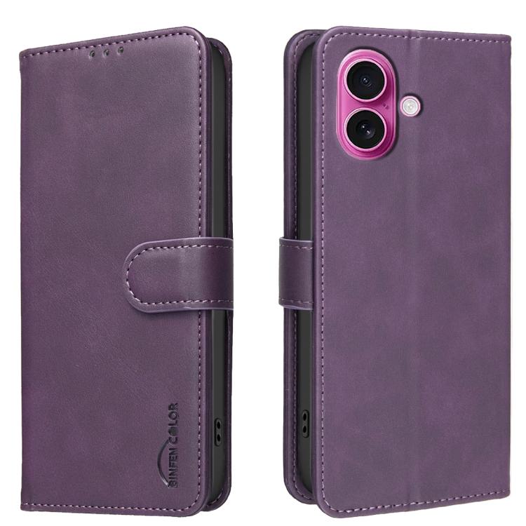

For iPhone 16 Solid Color Calfskin Texture RFID Vegan Leather Phone Case(Purple)