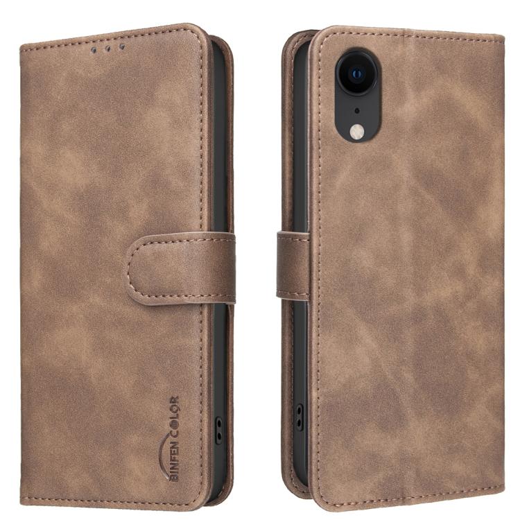 

For iPhone XR Solid Color Calfskin Texture RFID Vegan Leather Phone Case(Brown)