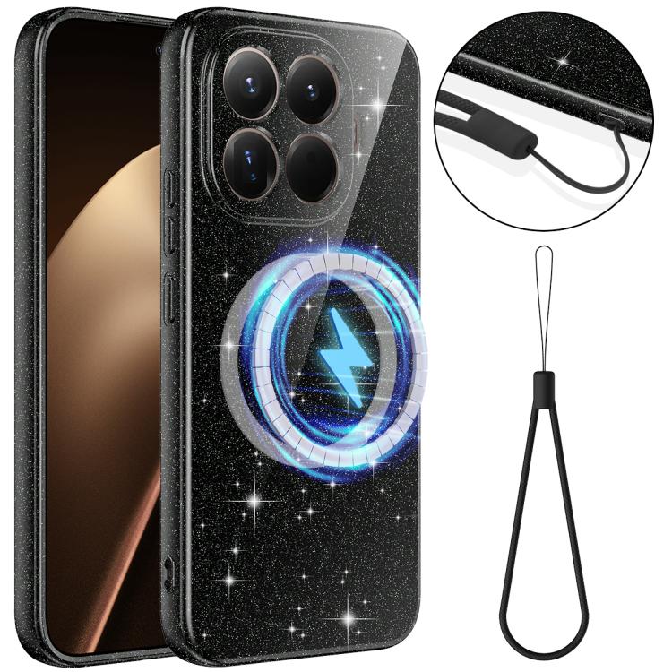 

For Xiaomi 15T Pro 5G Fine Hole Glossy Glitter Magnetic TPU Phone Case with Same Color Hand Strap(Black)