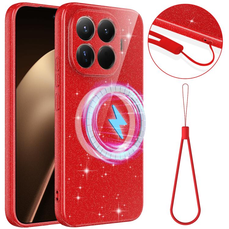 

For Xiaomi 15T Pro 5G Fine Hole Glossy Glitter Magnetic TPU Phone Case with Same Color Hand Strap(Red)