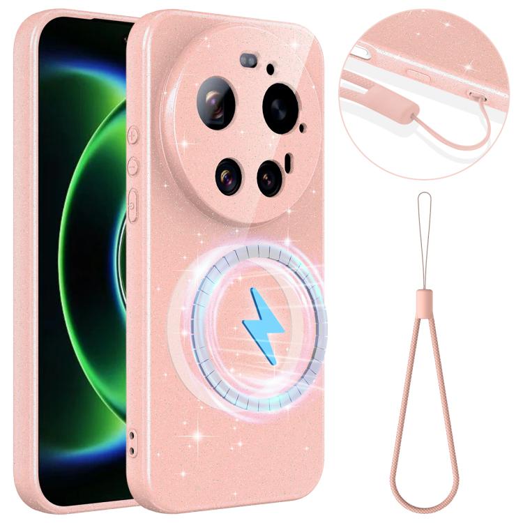 

For Xiaomi 17 Ultra Fine Hole Glossy Glitter Magnetic TPU Phone Case with Same Color Hand Strap(Pink)