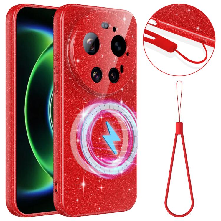 

For Xiaomi 17 Ultra Fine Hole Glossy Glitter Magnetic TPU Phone Case with Same Color Hand Strap(Red)